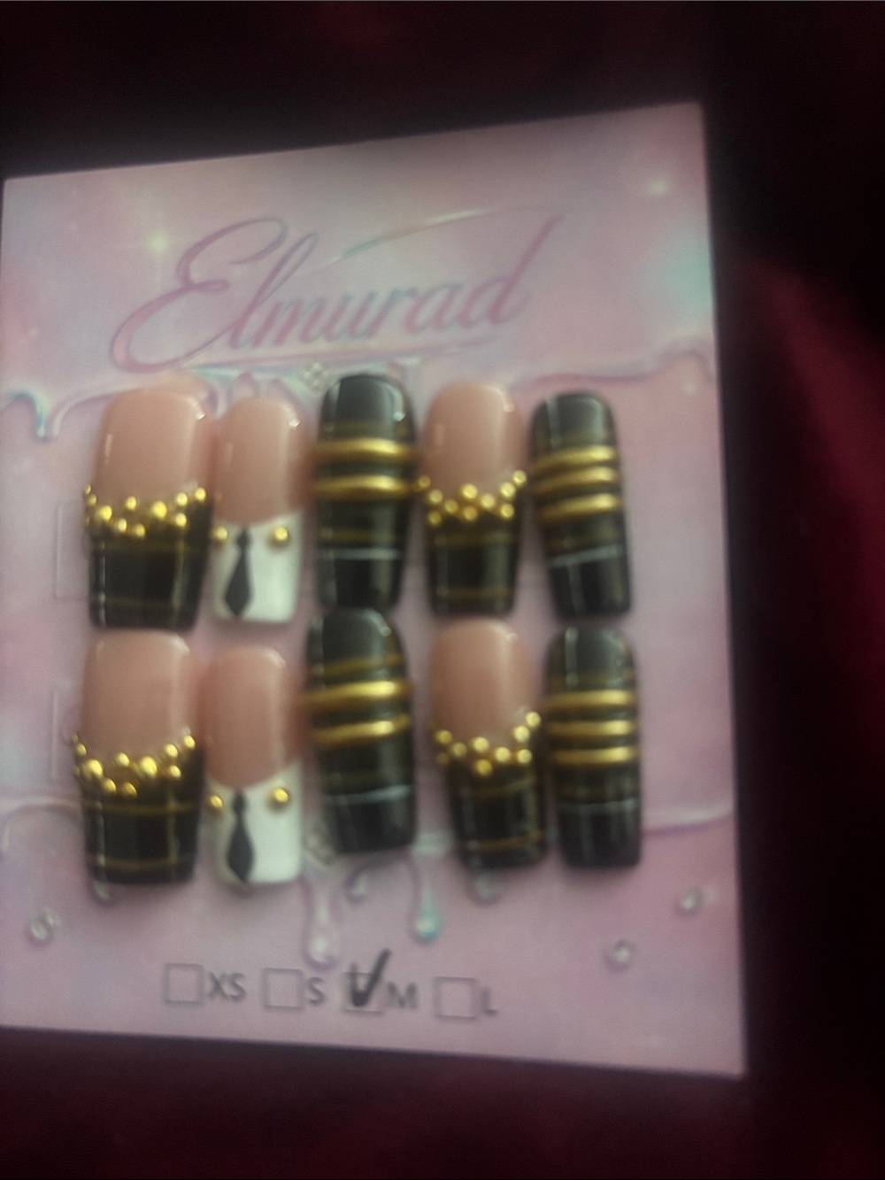 Murad Black, Nude & White Press-On Nail Set with Gold Bead Stripes